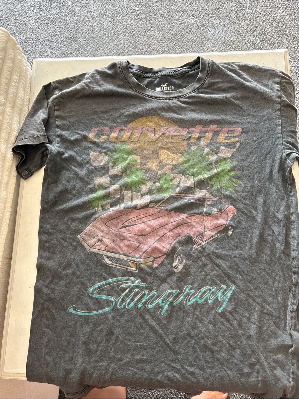 Hollister Black Graphic Tee with Pink Corvette and Teal Script